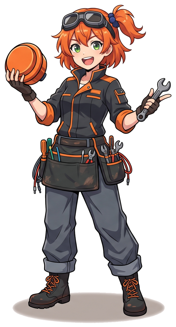 OtogeGarage original workshop mascot - an anime-style mechanic girl with orange hair, holding an orange arcade button and a wrench